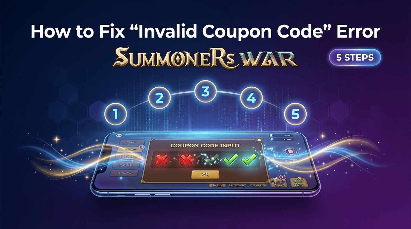 Summoners War invalid coupon code error screen with highlighted troubleshooting steps to fix the issue